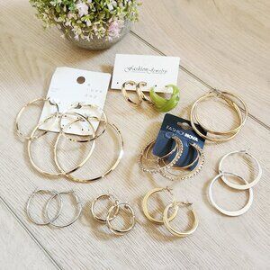 Fashion Hoop Earrings Large Statement Gold Tone Bundle 10 Pairs